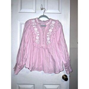 CROWN & IVY Soft Pink Long Sleeve Ruffle Embroidered Neckline Boho Blouse